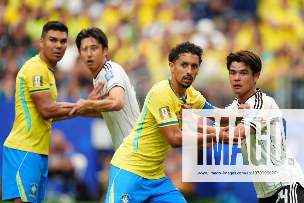 Brazil v Japan - FIFA World Cup, WM, Weltmeisterschaft, Fussball 2026 - Round of 32 HOUSTON, USA - JUNE 29: Marquinhos of Brazil in action against Kaishu Sano (24) of Japan during the FIFA World Cup 2026 Round of 32 match between Brazil and Japan at Houston Stadium (NRG Stadium) on June 29, 2026 in Houston, Texas. Hakan Akgun Anadolu Texas United States. Editorial use only. Please get in touch for any other usage.