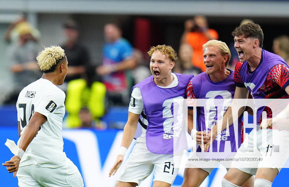 (260701) -- DALLAS, July 1, 2026 -- Antonio Nusa (1st L) of Norway celebrates with teammates after scoring during the round of 32 match between Cote d Ivoire and Norway at the 2026 FIFA World Cup, WM, Weltmeisterschaft, Fussball at Dallas Stadium in Dallas, the United States, June 30, 2026. ) (SP)U.S.-DALLAS-FOOTBALL-FIFA WORLD CUP-ROUND OF 32-CIV VS NOR JiaxHaocheng