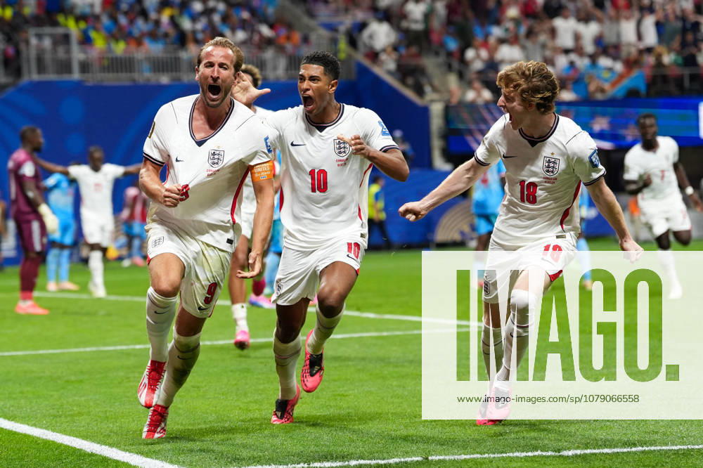 Harry Kane (England), 9, Jude Bellingham (England), 10, and Anthony Gordon (England), 18, celebrate after Kane s goal against the U.S., FIFA World Cup, Round of 32, England vs. DR Congo, Atlanta, July 1, 2026 FIFA World Cup, Round of 32, England vs. DR Congo, Atlanta, July 1, 2026 Atlanta