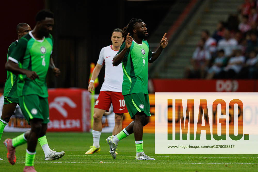 Players of Nigeria seen celebrating after goal from Terem Moffi during International Friendly, Länderspiel, Nationalmannschaft game between national teams of Poland and Nigeria (Maciej Rogowski Ball Raw Images) Warsaw PGE Narodowy Poland