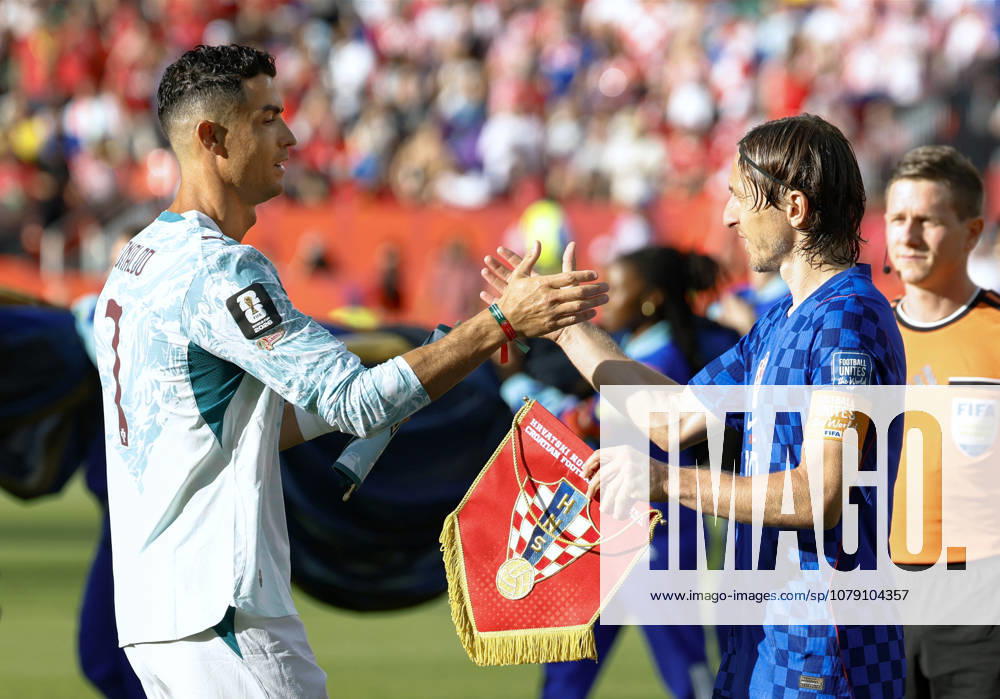 Football: 2026 World Cup Portugal s Cristiano Ronaldo (L) and Croatia s Luka Modric shake hands ahead of a World Cup round of 32 football match between Portugal and Croatia at Toronto Stadium in Toronto on July 2, 2026. A14AA0005621366P