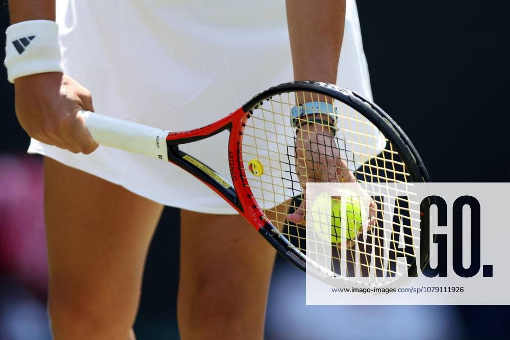 Winking face emoji on the racket of Daria Kasatkina Wimbledon Tennis Championships, Day 5, The All England Lawn Tennis and Croquet Club, London, UK - 03 Jul 2026London The All England Lawn Tennis and United Kingdom