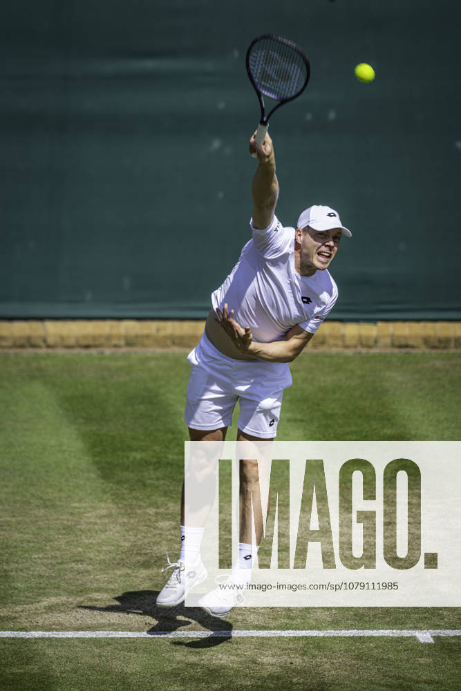 3rd July 2026; All England Lawn Tennis and Croquet Club, London, England; Wimbledon Tennis Tournament, Day Five; Harri Heliovaara (FIN) serves in his second round match with Henry Patten (GBR) against Mac Kiger (USA) and Patrik Trhac (USA) GodfreyxPitt