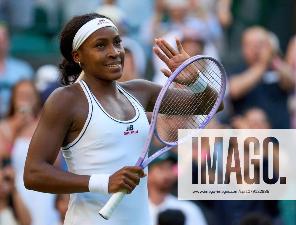 2026 Wimbledon, July 03, Day 5 LONDON, - JULY 3: Coco Gauff of the United States celebrates winning against Claire Liu of the United States during their third round match at 2026 Wimbledon, July 03, Day 5 at The all England club, Wimbledon on July 3, 2026 in London, GBR. London The all England club, Wimbledon GBR