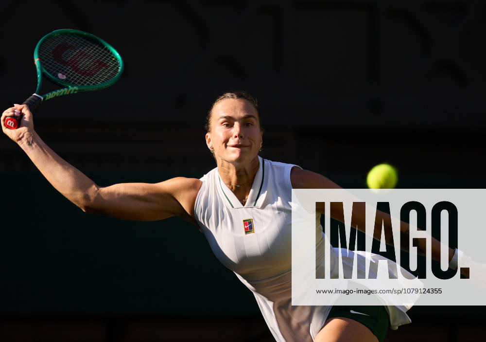 2026 Wimbledon, July 03, Day 5 LONDON, - JULY 3: Aryna Sabalenka plays a shot against Jelena Ostapenko of Latvia during their third round match at 2026 Wimbledon, July 03, Day 5 at The all England club, Wimbledon on July 3, 2026 in London, GBR. London The all England club, Wimbledon GBR