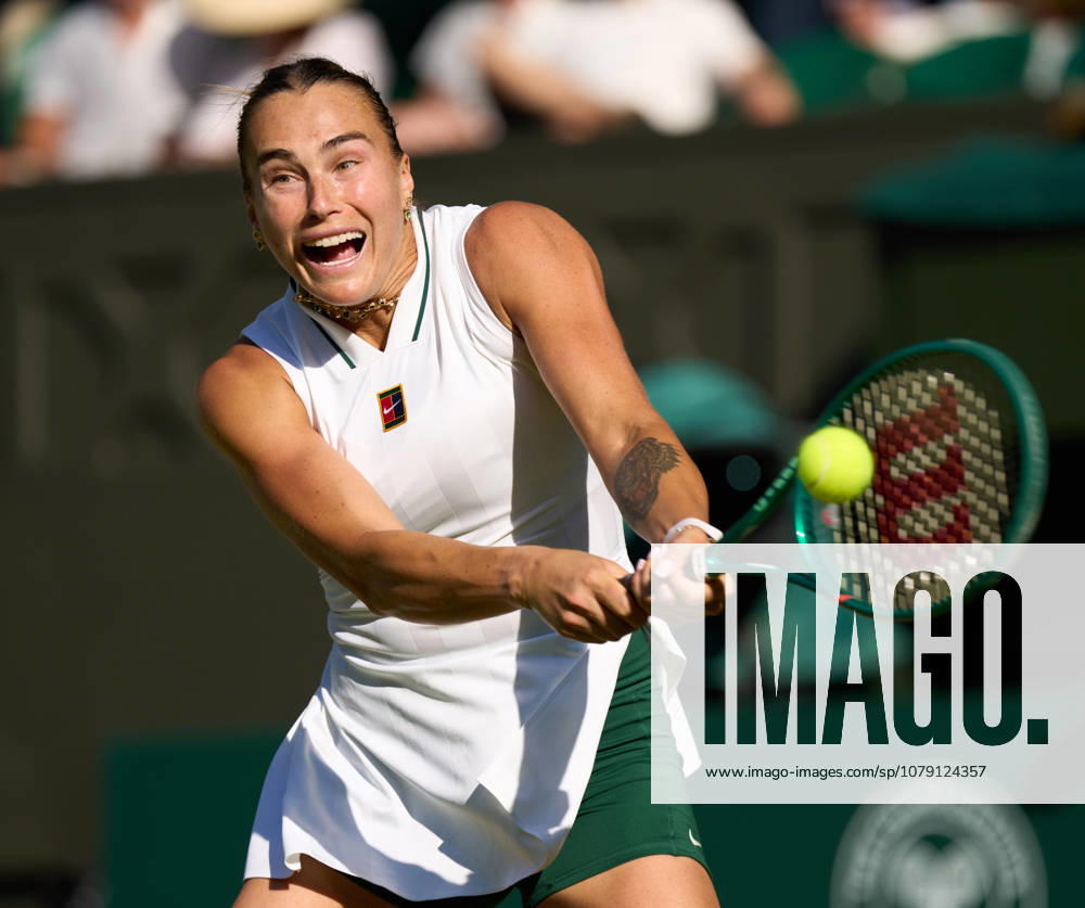 2026 Wimbledon, July 03, Day 5 LONDON, - JULY 3: Aryna Sabalenka plays a shot against Jelena Ostapenko of Latvia during their third round match at 2026 Wimbledon, July 03, Day 5 at The all England club, Wimbledon on July 3, 2026 in London, GBR. London The all England club, Wimbledon GBR