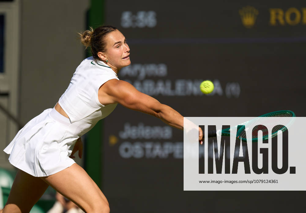 2026 Wimbledon, July 03, Day 5 LONDON, - JULY 3: Aryna Sabalenka plays a shot against Jelena Ostapenko of Latvia during their third round match at 2026 Wimbledon, July 03, Day 5 at The all England club, Wimbledon on July 3, 2026 in London, GBR. London The all England club, Wimbledon GBR