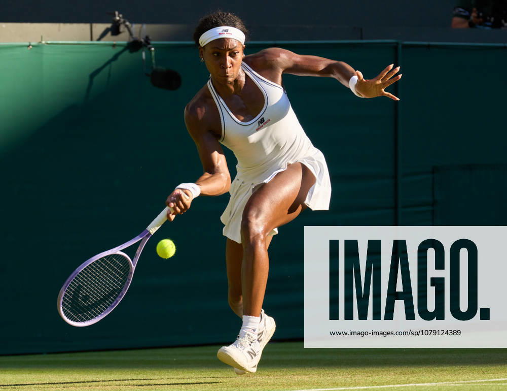2026 Wimbledon, July 03, Day 5 LONDON, - JULY 3: Coco Gauff of the United States plays a shot against Claire Liu of the United States during their third round match at 2026 Wimbledon, July 03, Day 5 at The all England club, Wimbledon on July 3, 2026 in London, GBR. London The all England club, Wimbledon GBR