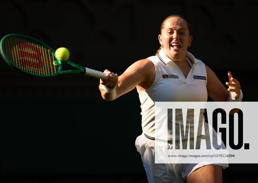 2026 Wimbledon, July 03, Day 5 LONDON, - JULY 3: Jelena Ostapenko of Latvia plays a shot against Aryna Sabalenka during their third round match at 2026 Wimbledon, July 03, Day 5 at The all England club, Wimbledon on July 3, 2026 in London, GBR. London The all England club, Wimbledon GBR