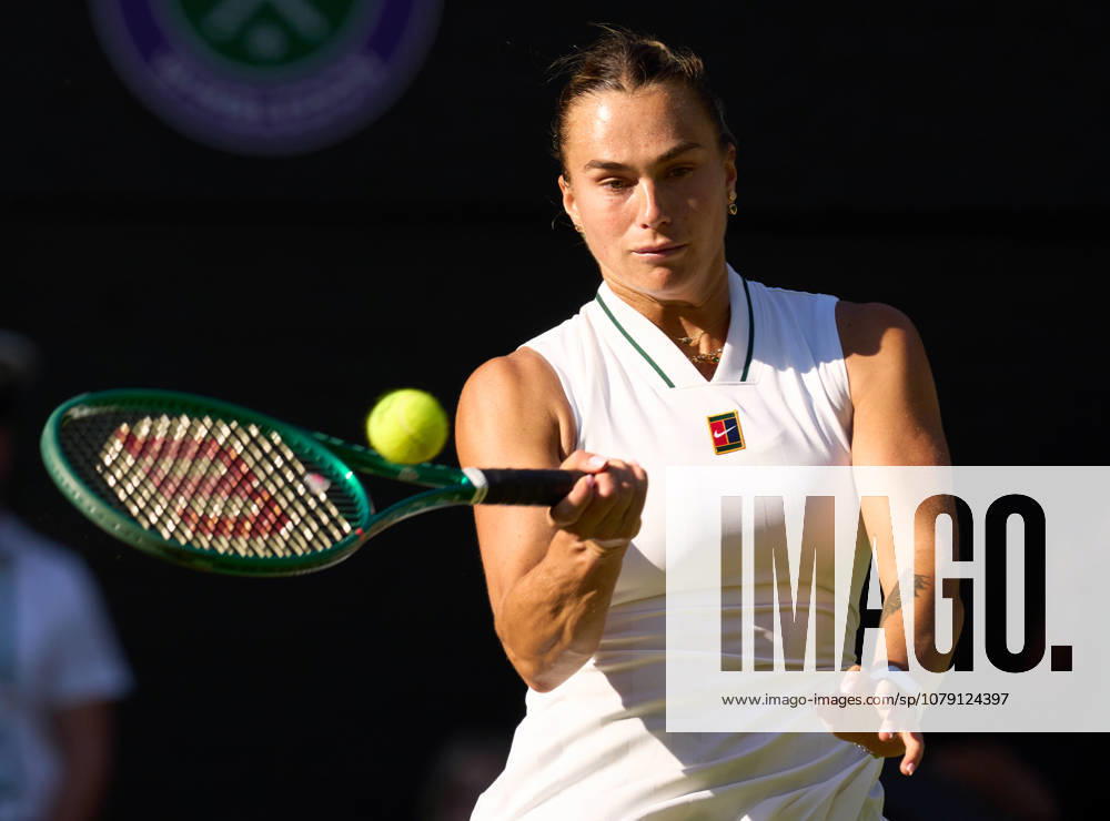 2026 Wimbledon, July 03, Day 5 LONDON, - JULY 3: Aryna Sabalenka plays a shot against Jelena Ostapenko of Latvia during their third round match at 2026 Wimbledon, July 03, Day 5 at The all England club, Wimbledon on July 3, 2026 in London, GBR. London The all England club, Wimbledon GBR