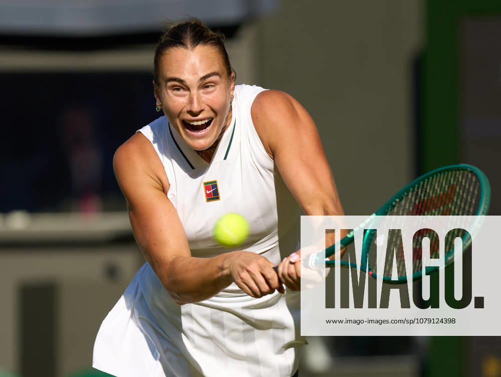2026 Wimbledon, July 03, Day 5 LONDON, - JULY 3: Aryna Sabalenka plays a shot against Jelena Ostapenko of Latvia during their third round match at 2026 Wimbledon, July 03, Day 5 at The all England club, Wimbledon on July 3, 2026 in London, GBR. London The all England club, Wimbledon GBR