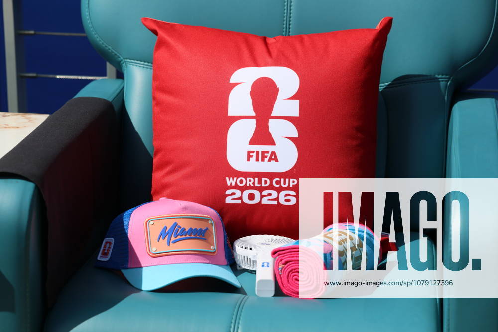 Argentina v Cabo Verde: Round of 32 - FIFA World Cup, WM, Weltmeisterschaft, Fussball 2026 Corporate VIP chair with Miami Cap, Fan and Towel before with FIFA Cushion the FIFA World Cup 2026 Round Of 32 match between Argentina and Cabo Verde at Miami Stadium on July 3, 2026 in Miami Gardens, United States. Miami Gardens Miami Stadium FL United States