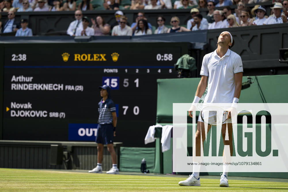 (260704) -- LONDON, July 4, 2026 -- Arthur Rinderknech of France reacts during the men s singles third round match against Novak Djokovic of Serbia at the Wimbledon Tennis Championships in London, Britain, on July 3, 2026. (Photo by Xinhua) (SP)BRITAIN-LONDON-TENNIS-WIMBLEDON-MEN S SINGLES StephenxChung