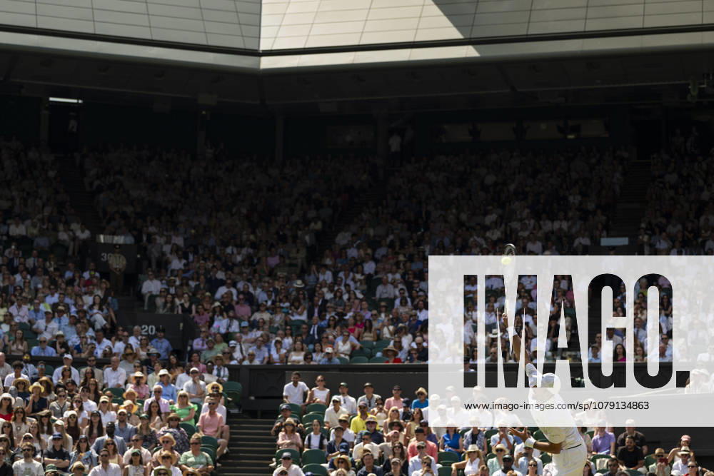 (260704) -- LONDON, July 4, 2026 -- Novak Djokovic of Serbia serves during the men s singles third round match against Arthur Rinderknech of France at the Wimbledon Tennis Championships in London, Britain, on July 3, 2026. (Photo by Xinhua) (SP)BRITAIN-LONDON-TENNIS-WIMBLEDON-MEN S SINGLES StephenxChung