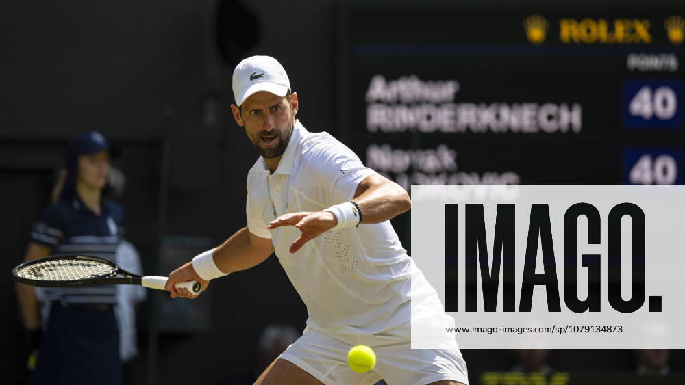 (260704) -- LONDON, July 4, 2026 -- Novak Djokovic of Serbia returns the ball during the men s singles third round match against Arthur Rinderknech of France at the Wimbledon Tennis Championships in London, Britain, on July 3, 2026. (Photo by Xinhua) (SP)BRITAIN-LONDON-TENNIS-WIMBLEDON-MEN S SINGLES StephenxChung