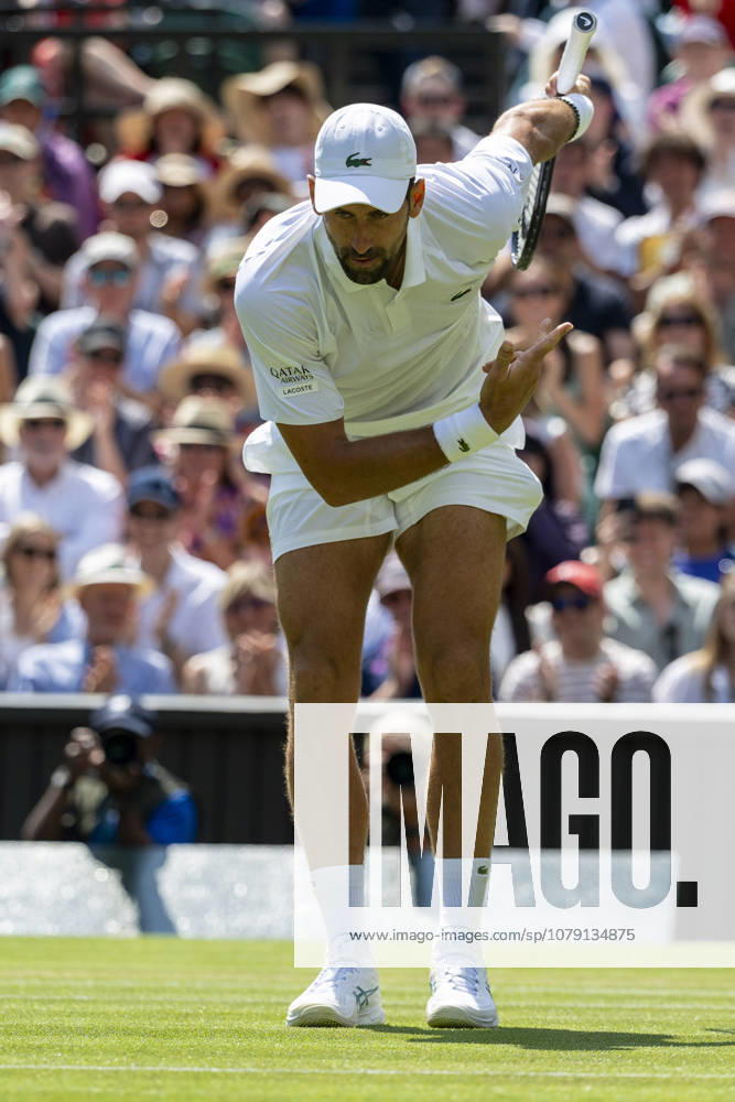 (260704) -- LONDON, July 4, 2026 -- Novak Djokovic of Serbia reacts during the men s singles third round match against Arthur Rinderknech of France at the Wimbledon Tennis Championships in London, Britain, on July 3, 2026. (Photo by Xinhua) (SP)BRITAIN-LONDON-TENNIS-WIMBLEDON-MEN S SINGLES StephenxChung