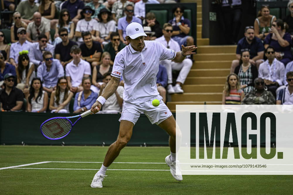 4th July 2026; All England Lawn Tennis and Croquet Club, London, England; Wimbledon Tennis Tournament, Day Six; Alex De Minaur (AUS) plays a forehand in his third round match against Zachary Svajda (USA) GodfreyxPitt
