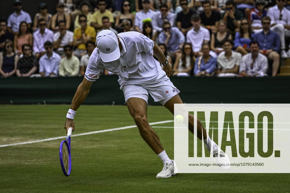 4th July 2026; All England Lawn Tennis and Croquet Club, London, England; Wimbledon Tennis Tournament, Day Six; Alex De Minaur (AUS) plays a volley in his third round match against Zachary Svajda (USA) GodfreyxPitt