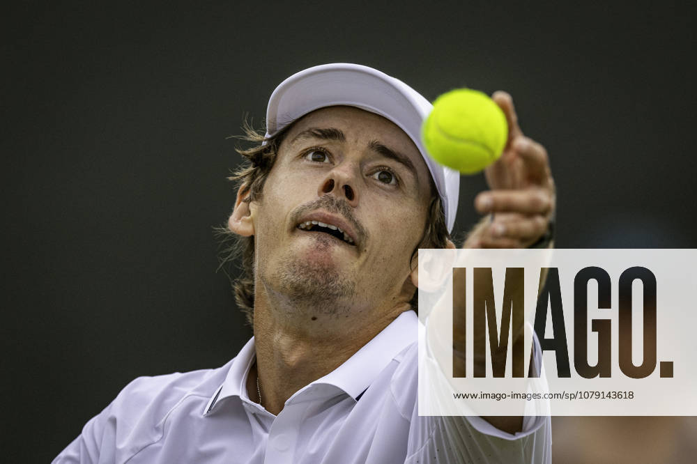 4th July 2026; All England Lawn Tennis and Croquet Club, London, England; Wimbledon Tennis Tournament, Day Six; Alex De Minaur (AUS) serves in his third round match against Zachary Svajda (USA) GodfreyxPitt