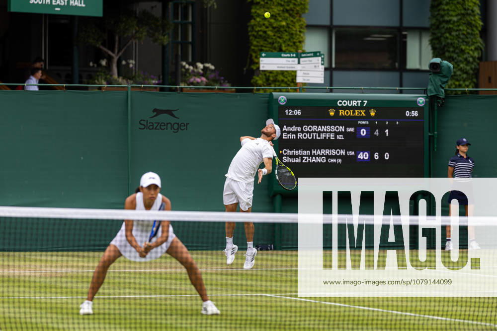 Christian Harrison (USA) and Shaui Zhang (CHN) in action during their Mixed Doubles match at The Championships Wimbledon 2026, AELTC, London London All England Lawn Tennis and Croquet Club Wimbledon England, UK NEWSPAPERS OUT