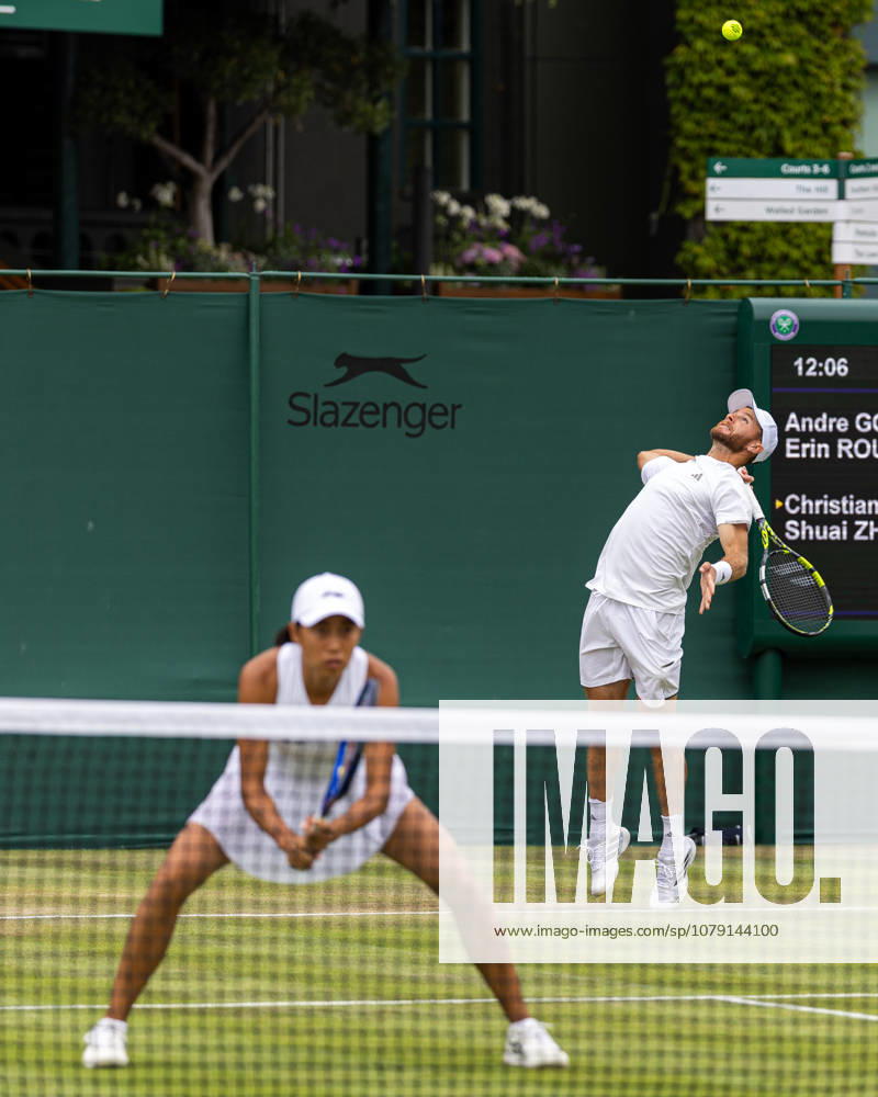 Christian Harrison (USA) and Shaui Zhang (CHN) in action during their Mixed Doubles match at The Championships Wimbledon 2026, AELTC, London London All England Lawn Tennis and Croquet Club Wimbledon England, UK NEWSPAPERS OUT