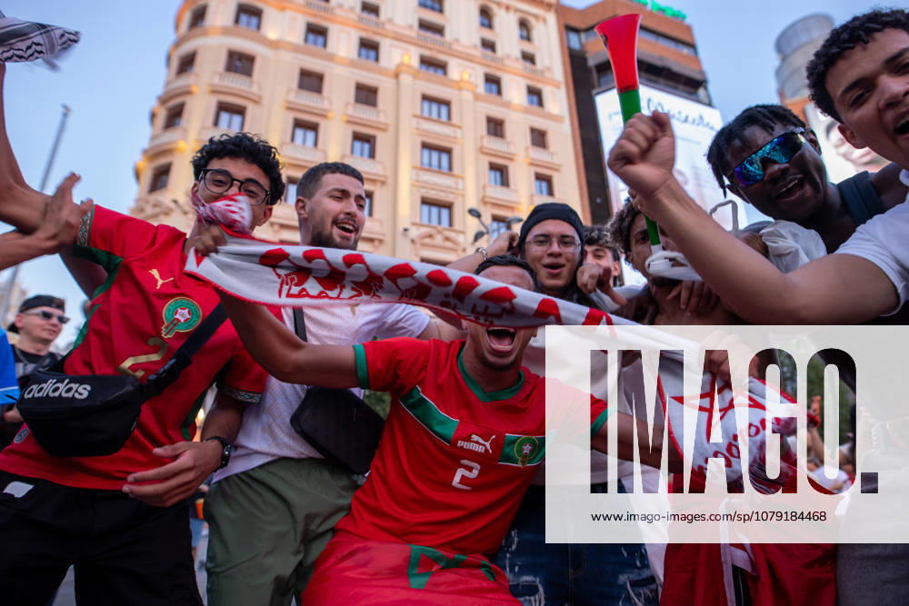 Morocco Celebration, Madrid Fans of the Moroccan men s national football team celebrate their 3-0 victory over Canada at Houston Stadium during the 2026 FIFA World Cup, WM, Weltmeisterschaft, Fussball hosted by the United States, Canada, and Mexico, in Madrid, Spain, on July 4, 2026. Madrid MADRID Spain