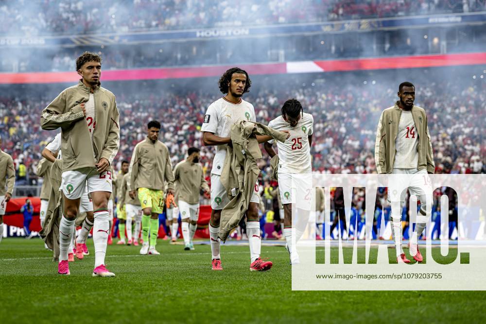 HOUSTON — Neil El Aynaoui of Morocco, Ayyoub Bouaddi of Morocco, Redouane Halhal of Morocco, and Issa Diop of Morocco during the 2026 World Cup match between Canada and Morocco at Houston Stadium on July 4, 2026, in Houston, United States. Photo by Stefan Koops, EYE4IMAGES, DeFodi Images