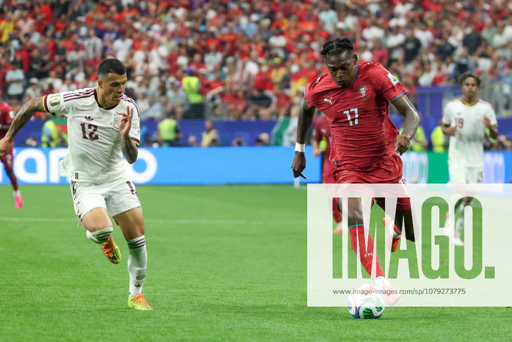 ARLINGTON, TX - JULY 06: Rafael Leao 17 of Portugal runs up the pitch with the ball while Pedro Porro 12 of Spain pursues during the FIFA World Cup, WM, Weltmeisterschaft, Fussball 2026 Round of 16 match between Portugal and Spain on July 6, 2026, at Dallas Stadium in Arlington, Texas. (Photo by David Buono Icon Sportswire) SOCCER: JUL 06 FIFA World Cup 26 Round of 16 - Portugal vs Spain Icon260706308