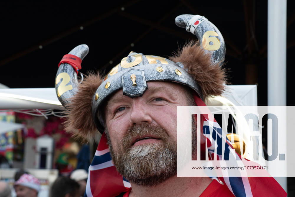 Norwegian fans perform their famous Viking Row in Miami Beach MIAMI BEACH, FLORIDA, UNITED STATES - JULY 10: A Norwegian fan wearing a Viking helmet during the gathering to perform their now-famous Viking Row during the 2026 FIFA World Cup, WM, Weltmeisterschaft, Fussball celebrations in Miami Beach, Florida, on July 10, 2026. Jesus Olarte Anadolu Miami United States. Editorial use only. Please get in touch for any other usage.
