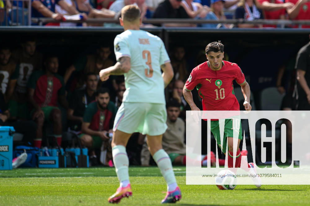 Soccer, 2026 World Cup, 20260709, France vs. Morocco. Pictured from left: Lucas DIGNE (France, 3), Brahim DÃ u008DAZ (Morocco, 10), dribbling the ball at Foxborough Stadium in Boston, Massachusetts, United States of America