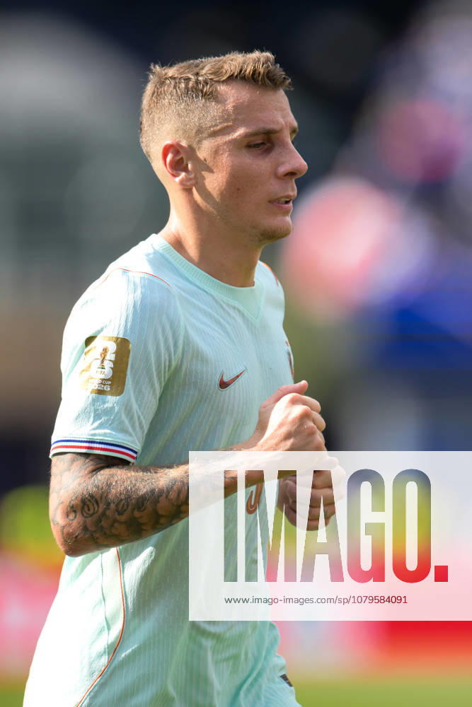 Soccer, 2026 World Cup, 20260709, France vs. Morocco. Pictured: Lucas DIGNE of France, 3 portraits, upper body, half-length shot, cropped single image, Foxborough, Boston, Stadium, Massachusetts, United States of America