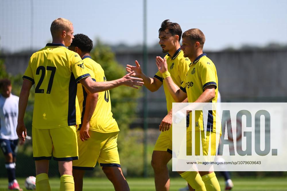 Royale Union Saint-Gilloise v Aarhus GF - Jupiler Pro League Friendly TUBIZE, BELGIUM - JULY 11 : Hurtevent Ilan forward of Royale Union Saint-Gilloise celebrates scoring a goal with teammates during the a friendly match between Royale Union Saint-Gilloise and Aarhus GF Gymnastikforening on July 11, 2026 in Tubize, Belgium, 11 07 2026 Tubize Belgium
