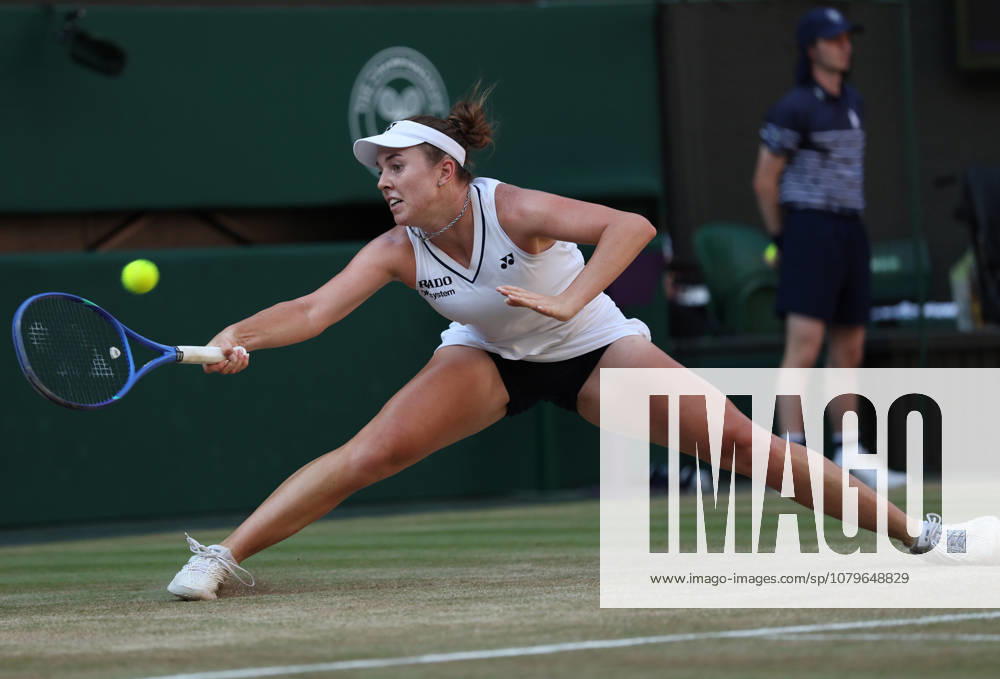 Czech Linda Noskova plays a forehand in the Women s Singles final against Czech Karolina Muchova on day Thirteen of the 2026 Wimbledon Championships in London on Saturday, July 11,2026. Noskova won the match 6-2 5-7 6-3. LON2026071120A HUGOxPHILPOTT