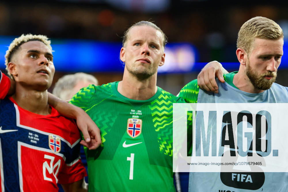Antonio Nusa and Norway’s goalkeeper Orjan Nyland after the 2026 FIFA World Cup quarterfinal soccer match between Norway and England on July 11, 2026 in Miami. Photo by Vegard Grott, BILDBYRAN. Code: VG VG0992 bbeng soccer football fotball World Cup soccer World Cup 2026 FIFA World Cup 2026 quarterfinal quarterfinals quarterfinal quarter final England Norway depp