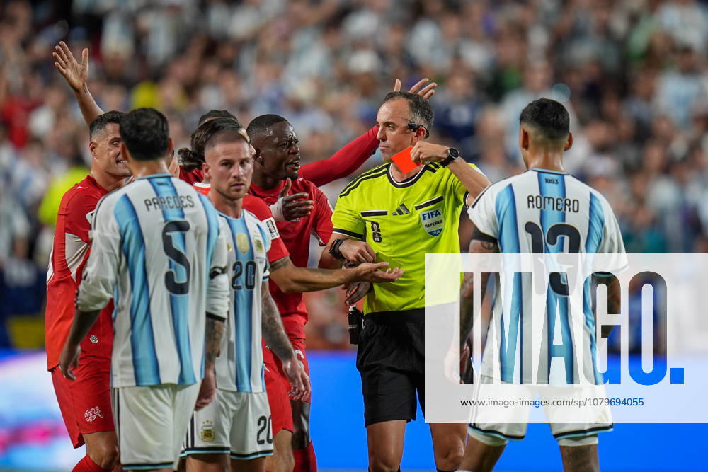 USA Soccer 2026 FIFA World Cup, Quarterfinal: Argentina vs. Switzerland at Kansas City Stadium (GEHA Field at Arrowhead Stadium), Kansas City, Missouri. Referee Joao Pinheiro of Portugal shows Breel Embolo of Switzerland a yellow-red card following a VAR review and sends him off the field. Facial expressions, emotions, tears