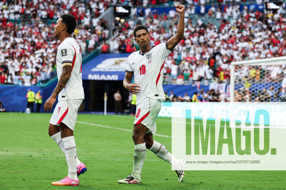 MIAMI GARDENS, FLORIDA - JULY 11: Jude Bellingham of England celebrates scoring his second goal during the FIFA World Cup, WM, Weltmeisterschaft, Fussball 2026 Quarter Final match between Norway and England at Miami Stadium on July 11, 2026 in Miami Gardens, Florida.
