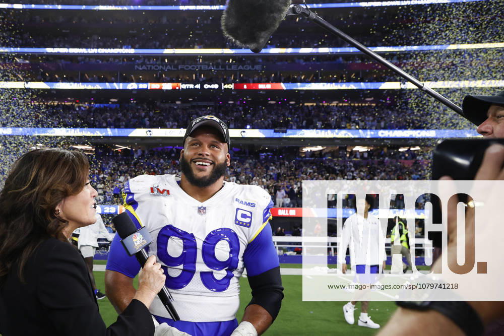 USA AMERICAN FOOTBALL SUPER BOWL LVI Los Angeles Rams at Cincinnati Bengals epa09754497 Los Angeles Rams defensive end Aaron Donald tears up as he does a post-game interview after the Los Angeles Rams defeated the Cincinnati Bengals to win Super Bowl LVI at SoFi Stadium in Inglewood, California, USA, 13 February 2022. The annual Super Bowl is the Championship game of the NFL, American Football Herren, USA between the AFC Champion and the NFC Champion and has been held every year since January of 1967. Inglewood United States