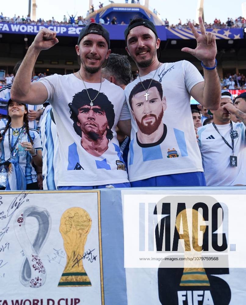 Argentina fans with Lionel Messi and Diego Maradona t-shirts Argentina v Switzerland, 2026 FIFA World Cup, WM, Weltmeisterschaft, Fussball Quarter-final, International Football, Kansas City Stadium, Kansas City, USA - 12 Jul 2026Kansas Kansas City Stadium Missouri (MO) United States of America