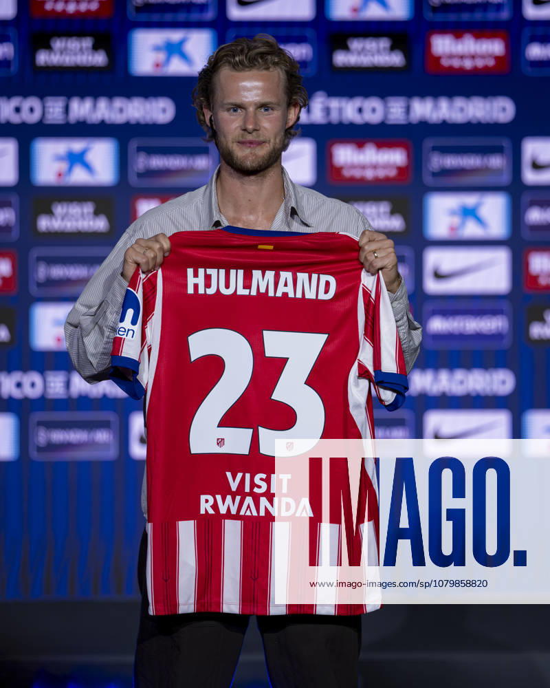 Morten Hjulmand unveiling as new player of Atletico de Madrid Morten Hjulmand poses for a photo showing the club shirt during his unveiling as new player of Atletico de Madrid at Estadio Riyadh Air Metropolitano on July 13, 2026 in Madrid, Spain. Madrid Estadio Riyadh Air Metropolitano Madrid Spain