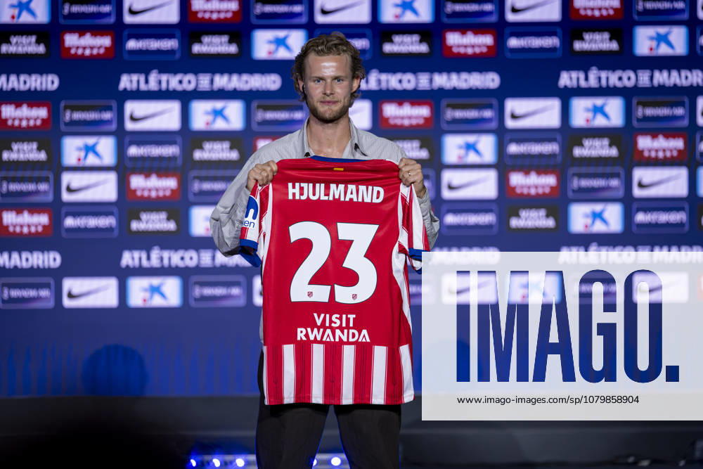 Morten Hjulmand unveiling as new player of Atletico de Madrid Morten Hjulmand poses for a photo showing the club shirt during his unveiling as new player of Atletico de Madrid at Estadio Riyadh Air Metropolitano on July 13, 2026 in Madrid, Spain. Madrid Estadio Riyadh Air Metropolitano Madrid Spain