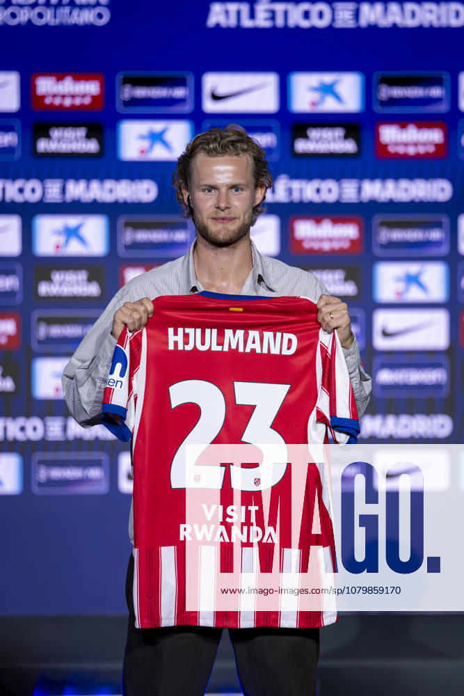 Morten Hjulmand unveiling as new player of Atletico de Madrid Morten Hjulmand poses for a photo showing the club shirt during his unveiling as new player of Atletico de Madrid at Estadio Riyadh Air Metropolitano on July 13, 2026 in Madrid, Spain. Madrid Estadio Riyadh Air Metropolitano Madrid Spain