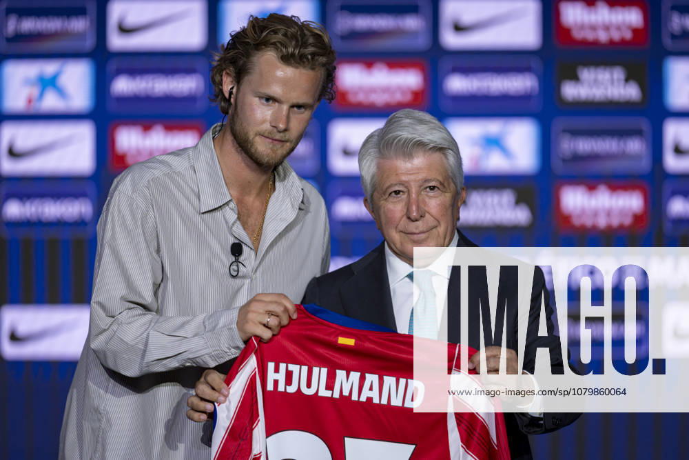 Morten Hjulmand unveiling as new player of Atletico de Madrid Morten Hjulmand (L) poses for a photo showing the club shirt with Enrique Cerezo (R) during his unveiling as new player of Atletico de Madrid at Estadio Riyadh Air Metropolitano on July 13, 2026 in Madrid, Spain. Madrid Estadio Riyadh Air Metropolitano Madrid Spain