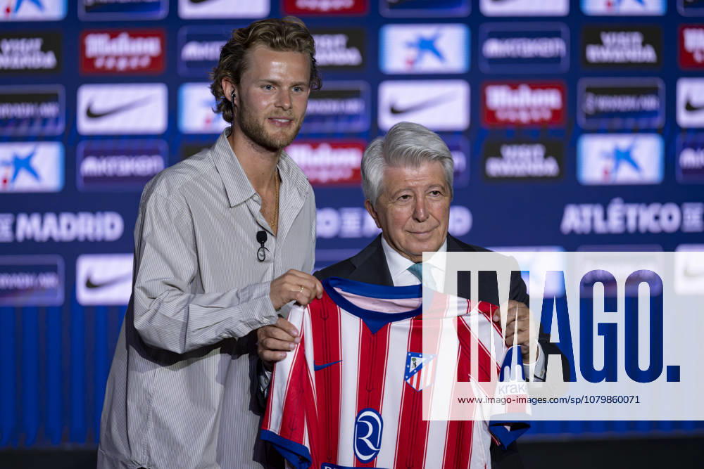 Morten Hjulmand unveiling as new player of Atletico de Madrid Morten Hjulmand (L) poses for a photo showing the club shirt with Enrique Cerezo (R) during his unveiling as new player of Atletico de Madrid at Estadio Riyadh Air Metropolitano on July 13, 2026 in Madrid, Spain. Madrid Estadio Riyadh Air Metropolitano Madrid Spain