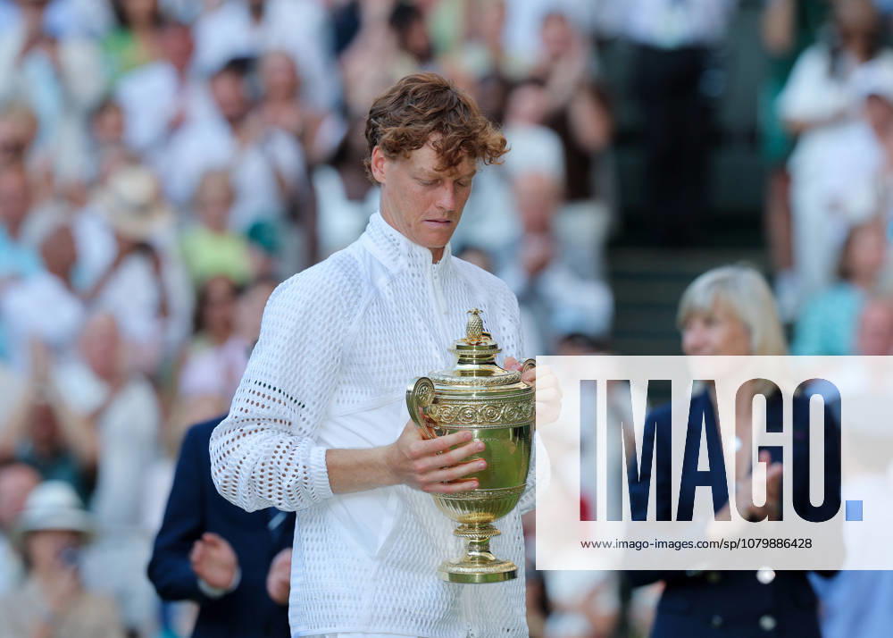 12th July 2026; All England Lawn Tennis and Croquet Club, London, England; Wimbledon Tennis Tournament, Final Day; Jannik Sinner (ITA) with the Gentlemen& x2019;s Singles Trophy JohnxPatrickxFletcher