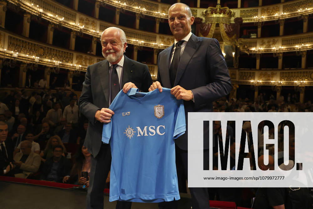 Massimiliano Allegri head coach of SSC Napoli and Aurelio De Laurentiis President of SSC Napoli show the new team shirt at the end of the press conference, PK, Pressekonferenz to introduce the new SSC Napoli head coach at the Theater San Carlo in Naples (Italy), July 14th, 2026. CesarexPurini