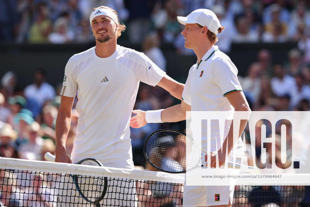 Alexander Zverev (GER) and Jannik Sinner (ITA) stand at the net and pose for a photo before the match begins, Men s Singles, Final, Wimbledon 2026 Grand Slam, ITF, ATP, WTA, AELTC, London, Great Britain