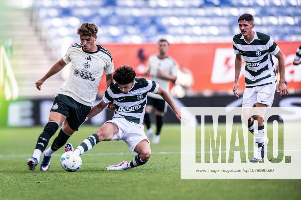 Flavio Goncalves of Sporting CP tackles the ball during the Pre-Season Firiendly match between Sporting CP and Celtic FC at Estadio do Algarve in Faro on July 14, 2026 Sporting CP X Celtic FC - Pre-Season Friendly Desafios Betano - ZUMAg283 20260714_zsp_g283_041