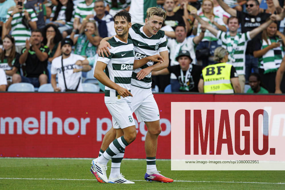 Jesse Derry and Daniel Braganca seen celebrating after scoring goal during International Friendly, Länderspiel, Nationalmannschaft game between teams of Sporting CP and Celtic FC (Ana Catarina Santana Ball Raw Images) Loule Estadio Algarve Portugal