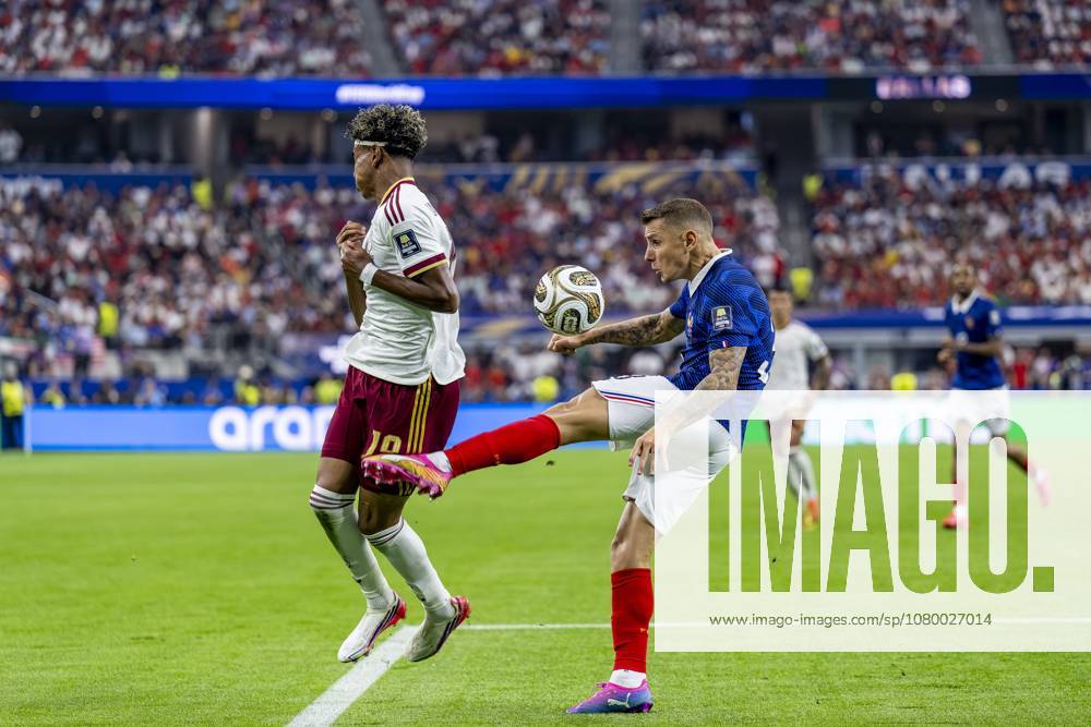 DALLAS — Lamine Yamal of Spain and Lucas Digne of France during the 2026 World Cup match between France and Spain at Dallas Stadium on July 14, 2026, in Dallas, United States. Photo by Stefan Koops, EYE4IMAGES, DeFodi Images