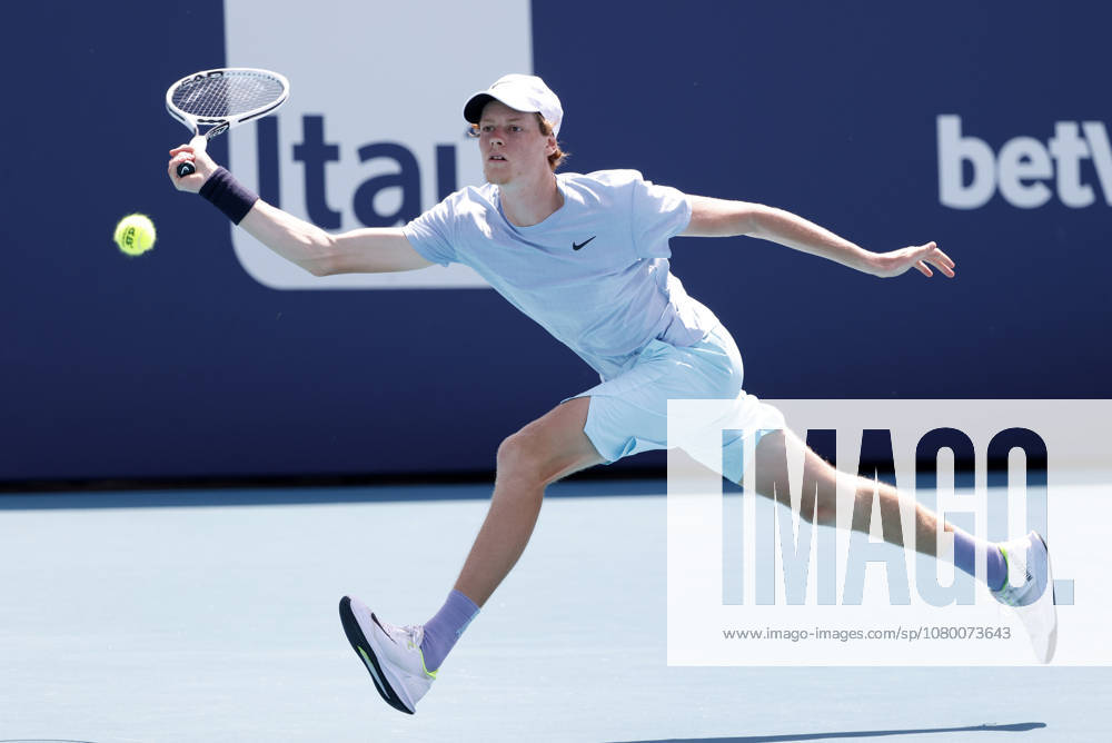 USA TENNIS MIAMI OPEN Miami Open tennis tournament epa09116126 Jannik Sinner of Italy in action against Jannik Sinner of Italy during their Men s Singles Finals match at the Miami Open tennis tournament in Miami Gardens, Florida, USA, 04 April 2021. MIAMI United States
